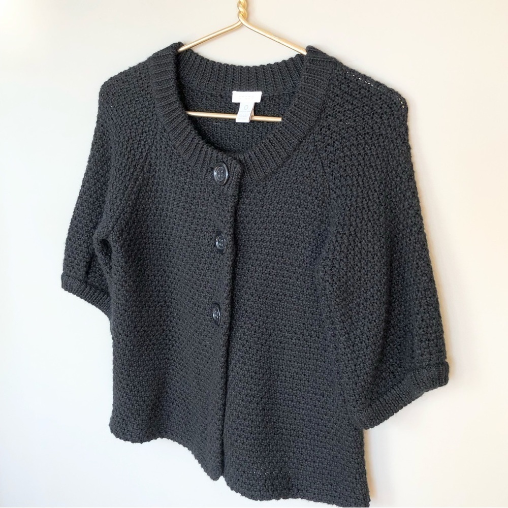 CHICOS black chunky knit big button 3/4 sleeve cardigan sweater size S